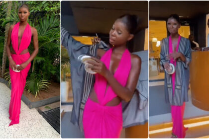 Lagos restaurant and lady in backless dress robe