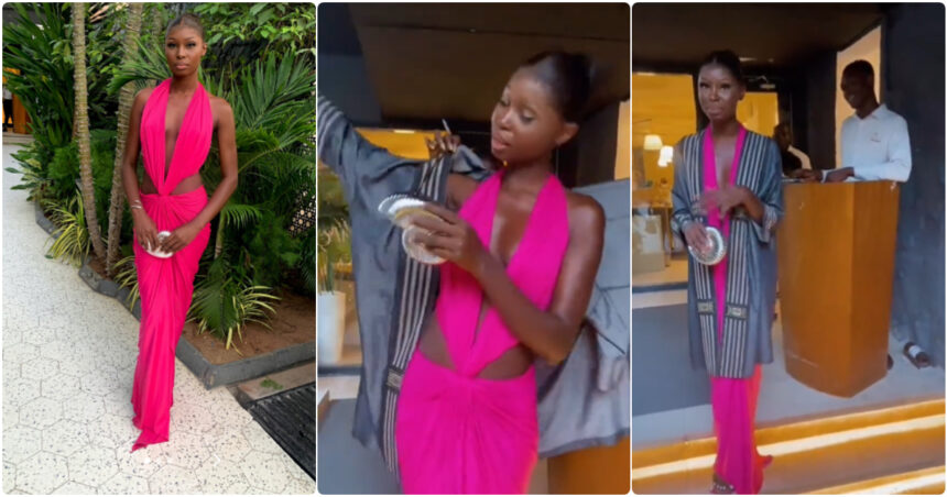 Lagos restaurant and lady in backless dress robe